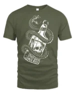 Dark Snake Skull Whiskey Bottle Graphic Tee Edgy Gothic Style Tshirt - military green t-shirt on white background