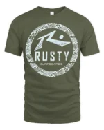 Rusty Surfboards Retro Surf Logo Beach Vibe Graphic Tee Tshirt - military green t-shirt on white background