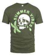 Summer Vibes Skull Palm Tree Graphic Tee Funny Beach Style Tshirt - military green t-shirt on white background