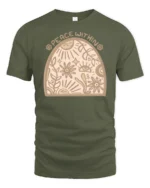 Peace Within Boho Spiritual Sun Flower Art Tee Calm Aesthetic Tshirt - military green t-shirt on white background