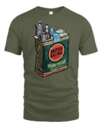 Vintage British Racing Spark Plugs Garage Style Graphic Tee Retro Tshirt - military green t-shirt on white background