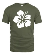 Minimal Hibiscus Flower Tropical Beach Aesthetic Graphic Tee Tshirt - military green t-shirt on white background