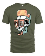 Chill Skull Beach Sunglasses Summer Vibe Funny Graphic Tee Tshirt - military green t-shirt on white background