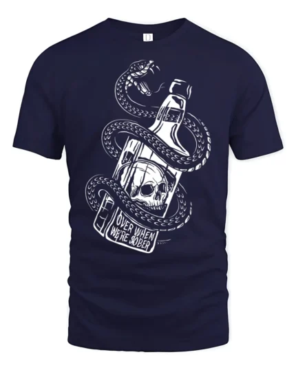 Dark Snake Skull Whiskey Bottle Graphic Tee Edgy Gothic Style Tshirt - navy t-shirt on white background