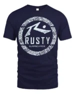 Rusty Surfboards Retro Surf Logo Beach Vibe Graphic Tee Tshirt - navy t-shirt on white background