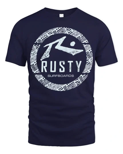 Rusty Surfboards Retro Surf Logo Beach Vibe Graphic Tee Tshirt - navy t-shirt on white background