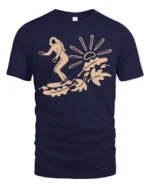 Minimal Surfing Girl Wave Sunset Beach Vibe Graphic Tee Cool Tshirt - navy t-shirt on white background