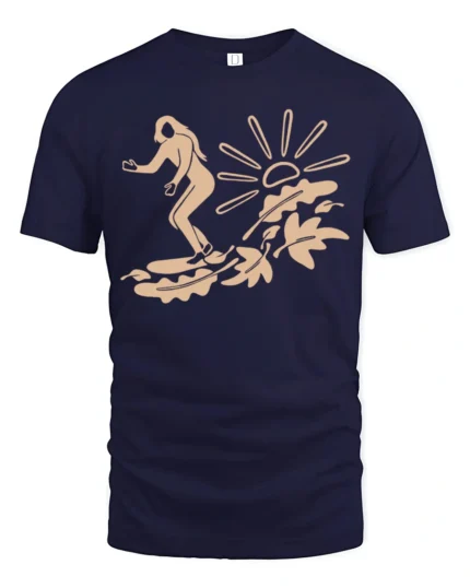 Minimal Surfing Girl Wave Sunset Beach Vibe Graphic Tee Cool Tshirt - navy t-shirt on white background