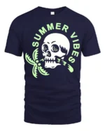Summer Vibes Skull Palm Tree Graphic Tee Funny Beach Style Tshirt - navy t-shirt on white background