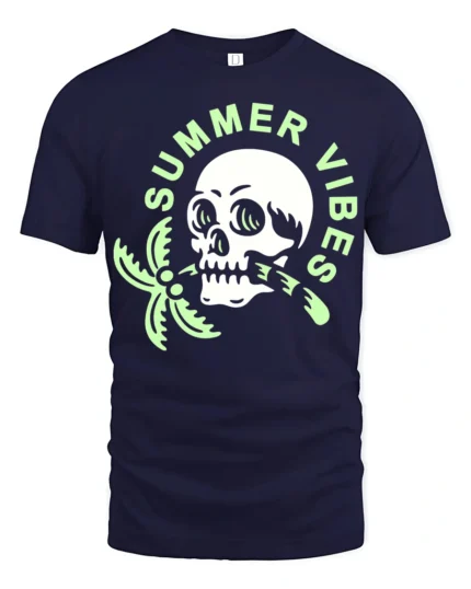 Summer Vibes Skull Palm Tree Graphic Tee Funny Beach Style Tshirt - navy t-shirt on white background