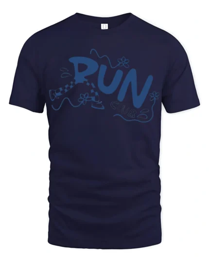 Run Club Playful Cartoon Style Graphic Tee Fun Active Vibes Tshirt - navy t-shirt on white background