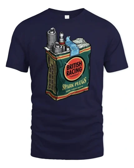 Vintage British Racing Spark Plugs Garage Style Graphic Tee Retro Tshirt - navy t-shirt on white background