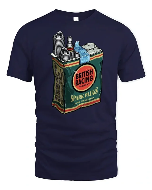 Vintage British Racing Spark Plugs Garage Style Graphic Tee Retro Tshirt - navy t-shirt on white background