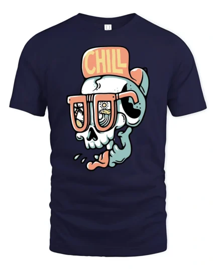 Chill Skull Beach Sunglasses Summer Vibe Funny Graphic Tee Tshirt - navy t-shirt on white background