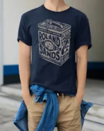 Vintage Motor Oil Rolando Sands Garage Style Graphic Tee Retro Tshirt - model wearing navy tee with hands in pockets