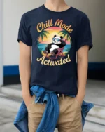 Chill Mode Activated Panda Beach Vibes Funny Graphic Tee Tshirt - model wearing navy tee with hands in pockets