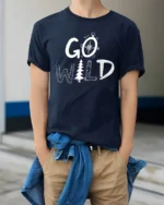 Go Wild Adventure Nature Camping Graphic Tee Outdoor Spirit Tshirt - model wearing navy tee with hands in pockets