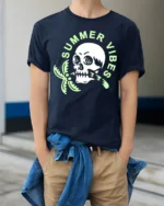 Summer Vibes Skull Palm Tree Graphic Tee Funny Beach Style Tshirt - model wearing navy tee with hands in pockets