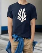 Minimal Coral Reef Ocean Graphic Tee Clean Aesthetic Beach Tshirt - model wearing navy tee with hands in pockets