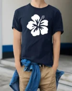 Minimal Hibiscus Flower Tropical Beach Aesthetic Graphic Tee Tshirt - model wearing navy tee with hands in pockets