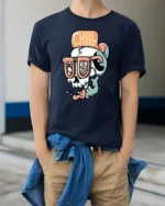 Chill Skull Beach Sunglasses Summer Vibe Funny Graphic Tee Tshirt - model wearing navy tee with hands in pockets