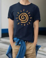 Minimalist Spiral Sun Graphic Tee Bright Positive Energy Aesthetic Tshirt - model wearing navy tee with hands in pockets