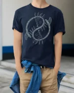 Ocean Sun Yin Yang Boho Spiritual Balance Art Tee Aesthetic Tshirt - model wearing navy tee with hands in pockets
