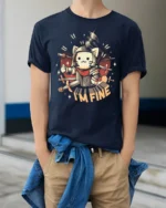Funny Cat Knight Im Fine Graphic Tee Cute Warrior Humor Tshirt - model wearing navy tee with hands in pockets