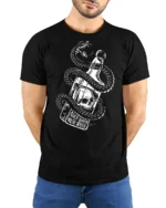 Dark Snake Skull Whiskey Bottle Graphic Tee Edgy Gothic Style Tshirt - model wearing black tee with hands behind back
