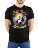 Chill Mode Activated Panda Beach Vibes Funny Graphic Tee Tshirt - model wearing black tee with hands behind back