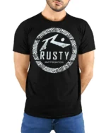 Rusty Surfboards Retro Surf Logo Beach Vibe Graphic Tee Tshirt - model wearing black tee with hands behind back