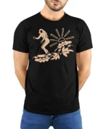 Minimal Surfing Girl Wave Sunset Beach Vibe Graphic Tee Cool Tshirt - model wearing black tee with hands behind back