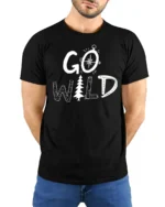 Go Wild Adventure Nature Camping Graphic Tee Outdoor Spirit Tshirt - model wearing black tee with hands behind back