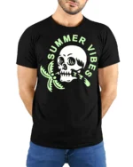 Summer Vibes Skull Palm Tree Graphic Tee Funny Beach Style Tshirt - model wearing black tee with hands behind back