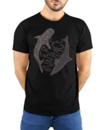 Inner Peace Whale Shark Dolphin Ocean Life Graphic Tee Calm Tshirt - model wearing black tee with hands behind back