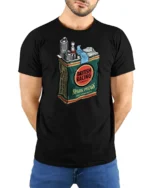 Vintage British Racing Spark Plugs Garage Style Graphic Tee Retro Tshirt - model wearing black tee with hands behind back