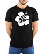 Minimal Hibiscus Flower Tropical Beach Aesthetic Graphic Tee Tshirt - model wearing black tee with hands behind back