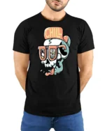 Chill Skull Beach Sunglasses Summer Vibe Funny Graphic Tee Tshirt - model wearing black tee with hands behind back