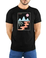Adventure Division Retro Landscape Graphic Tee Modern Art Vibe Tshirt - model wearing black tee with hands behind back