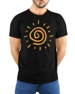 Minimalist Spiral Sun Graphic Tee Bright Positive Energy Aesthetic Tshirt - model wearing black tee with hands behind back