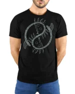Ocean Sun Yin Yang Boho Spiritual Balance Art Tee Aesthetic Tshirt - model wearing black tee with hands behind back