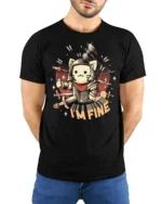 Funny Cat Knight Im Fine Graphic Tee Cute Warrior Humor Tshirt - model wearing black tee with hands behind back