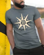 Minimalist Spiral Sun Symbol Graphic Tee Boho Aesthetic Vibe Tshirt - model wearing grey tee, leaning on column