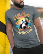 Chill Mode Activated Panda Beach Vibes Funny Graphic Tee Tshirt - model wearing grey tee, leaning on column
