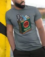 Vintage British Racing Spark Plugs Garage Style Graphic Tee Retro Tshirt - model wearing grey tee, leaning on column
