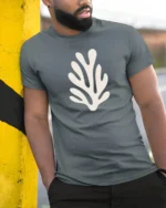 Minimal Coral Reef Ocean Graphic Tee Clean Aesthetic Beach Tshirt - model wearing grey tee, leaning on column