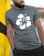 Minimal Hibiscus Flower Tropical Beach Aesthetic Graphic Tee Tshirt - model wearing grey tee, leaning on column