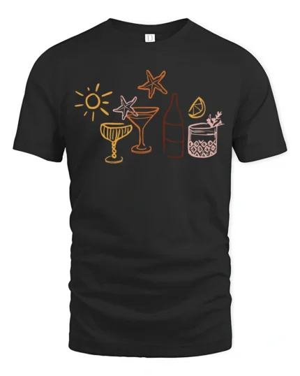 Summer Cocktail Beach Vibes Line Art Drinks Party Graphic Tee Tshirt - black t-shirt on white background