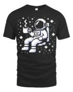 Pixel Astronaut Coffee Space Retro Gamer Graphic Tee Tshirt - black t-shirt on white background