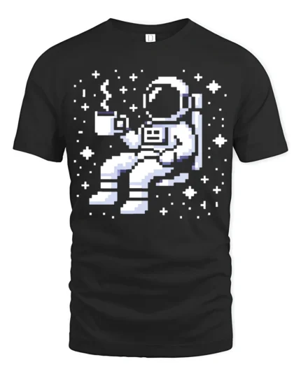 Pixel Astronaut Coffee Space Retro Gamer Graphic Tee Tshirt - black t-shirt on white background